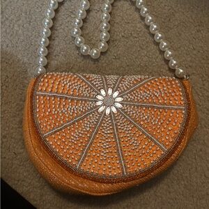 Orange Beaded Clutch with Pearl Strap